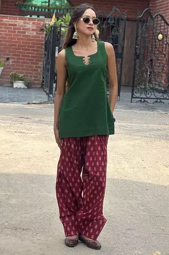 Green cotton kurti with maroon farshi salwar