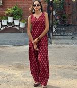 Printed maroon cotton kurti with farshi salwar