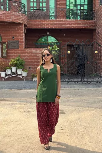Green cotton kurti with maroon farshi salwar