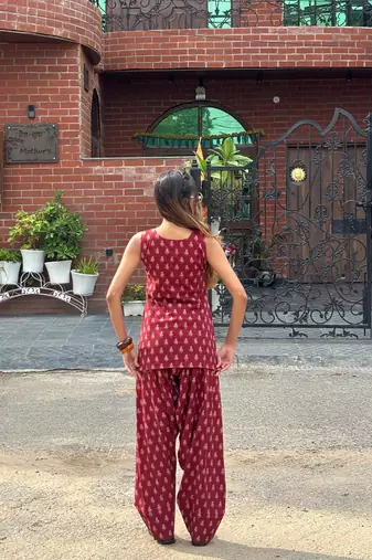 Printed maroon cotton kurti with farshi salwar