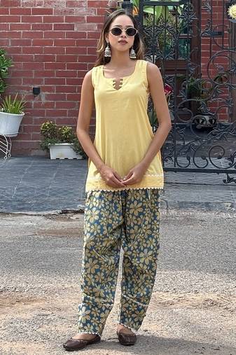 Yellow cotton kurti with farshi salwar