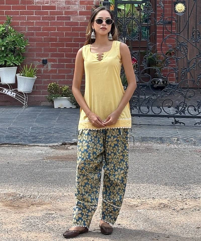 Yellow cotton kurti with farshi salwar