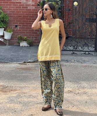 Yellow cotton kurti with farshi salwar 2