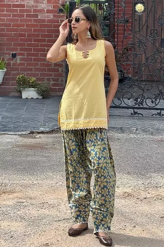 Yellow cotton kurti with farshi salwar