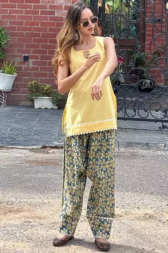 Yellow cotton kurti with farshi salwar