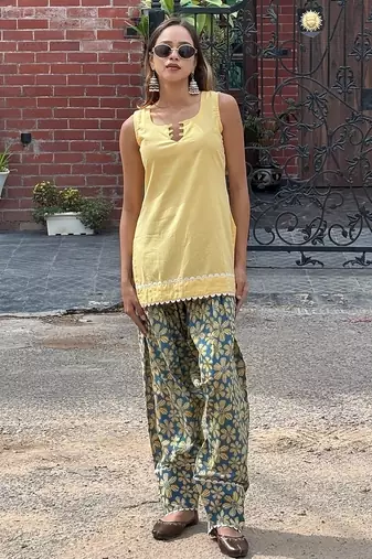 Yellow cotton kurti with farshi salwar