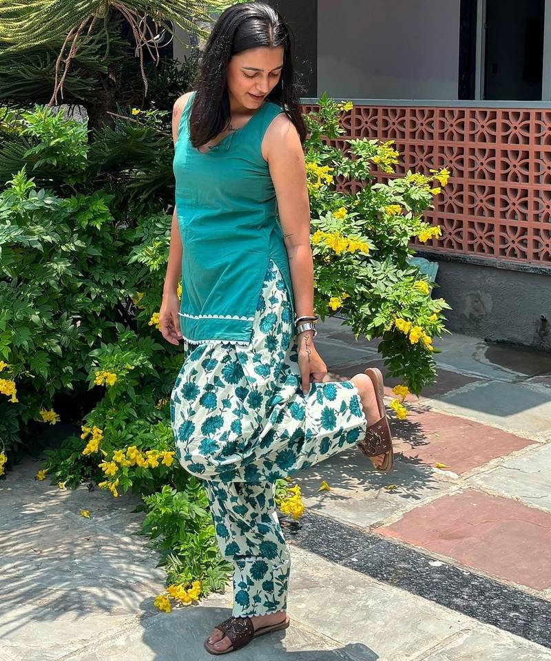 Green cotton kurti with farshi salwar