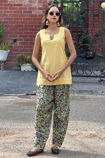 Yellow cotton kurti with farshi salwar