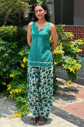 Green cotton kurti with farshi salwar