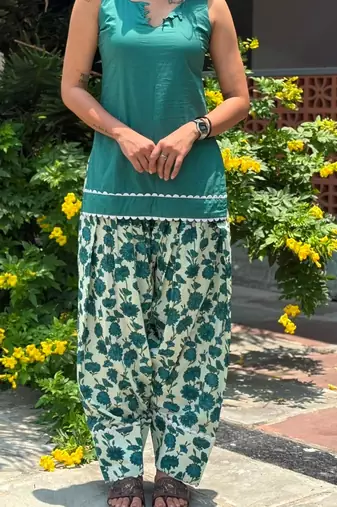 Green cotton kurti with farshi salwar