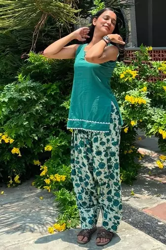 Green cotton kurti with farshi salwar