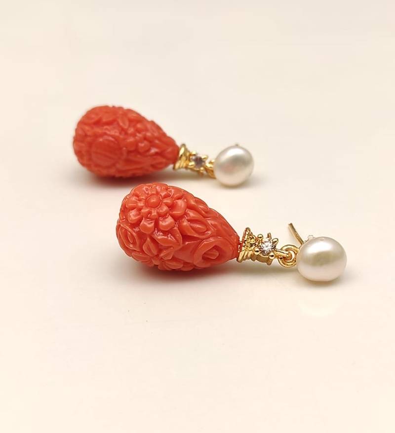 Certified natural freshwater pearls jewellery carved coral stone drop earrings with natural pearl, 2.4 cm