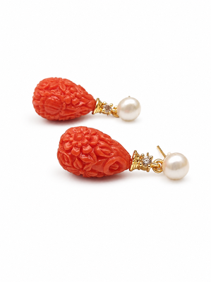 Certified natural freshwater pearls jewellery carved coral stone drop earrings with natural pearl, 2.4 cm 4