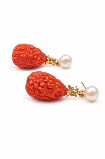 Certified natural freshwater pearls jewellery carved coral stone drop earrings with natural pearl, 2.4 cm