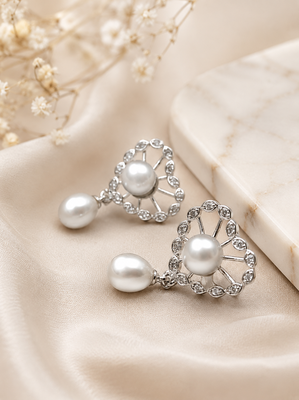 Certified natural freshwater pearls jewellery pearl drop earrings with crystal-studded floral frame, silver 1