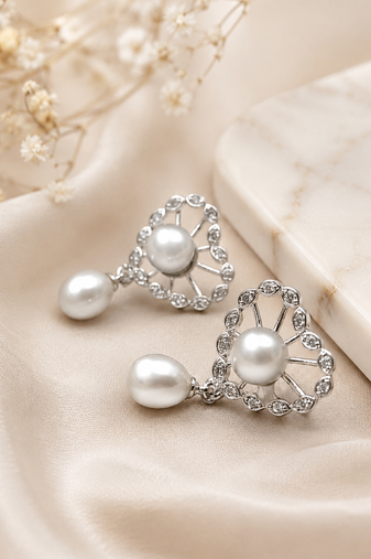 Certified natural freshwater pearls jewellery pearl drop earrings with crystal-studded floral frame, silver
