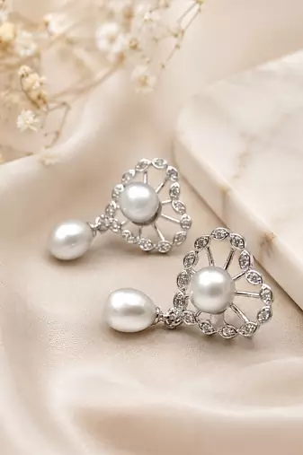 Certified natural freshwater pearls jewellery pearl drop earrings with crystal-studded floral frame, silver
