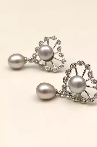 Certified natural freshwater pearls jewellery pearl drop earrings with crystal-studded floral frame, silver