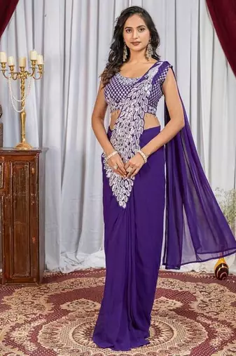 Purple embroidered,thread & sequins faux georgettete ready to wear saree