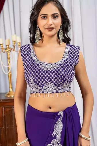 Purple embroidered,thread & sequins faux georgettete ready to wear saree