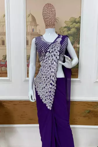Purple embroidered,thread & sequins faux georgettete ready to wear saree