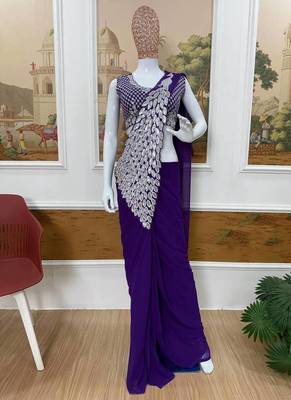 Purple embroidered,thread & sequins faux georgettete ready to wear saree 5