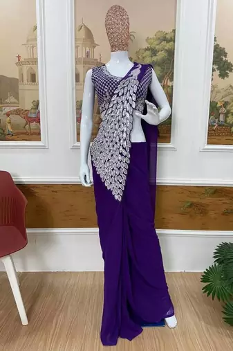 Purple embroidered,thread & sequins faux georgettete ready to wear saree
