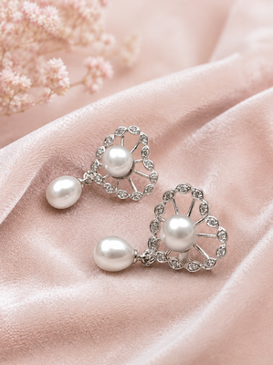 Certified natural freshwater pearls jewellery pearl drop earrings with crystal-studded floral frame, silver 3