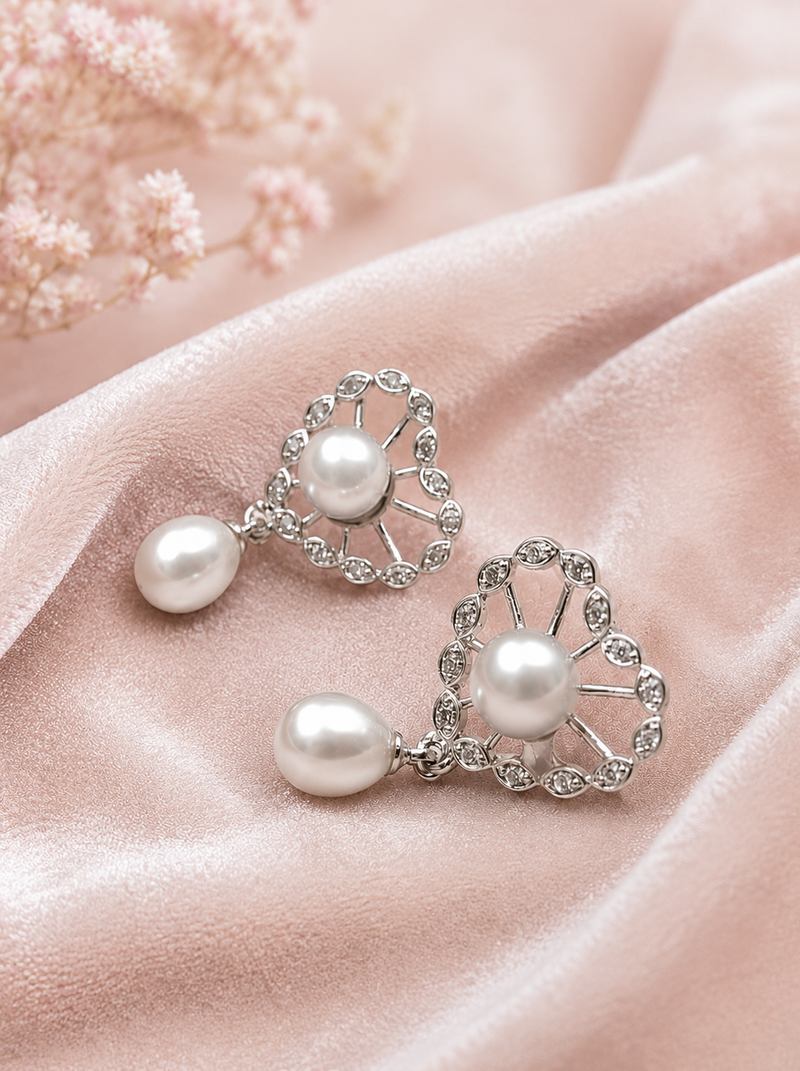 Certified natural freshwater pearls jewellery pearl drop earrings with crystal-studded floral frame, silver