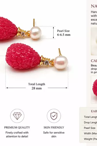 Certified natural freshwater pearls jewellery carved ruby red drop earrings with pearl & crystal stud