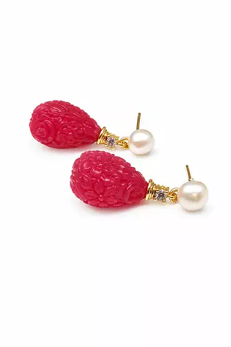 Certified natural freshwater pearls jewellery carved ruby red drop earrings with pearl & crystal stud