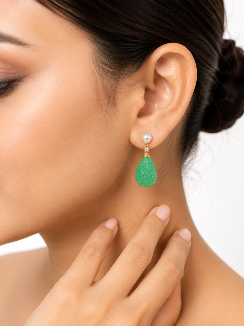 Certified natural freshwater pearls jewellery carved green onyx drop earrings with freshwater pearl