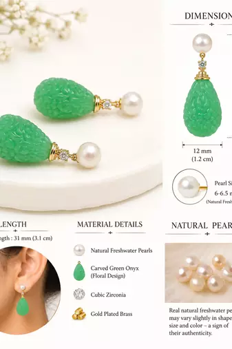 Certified natural freshwater pearls jewellery carved green onyx drop earrings with freshwater pearl