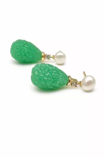 Certified natural freshwater pearls jewellery carved green onyx drop earrings with freshwater pearl