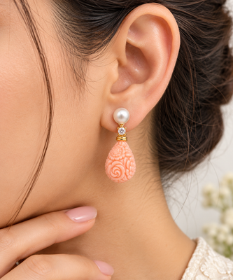 Certified natural freshwater pearls jewellery pearl & carved coral drop earrings with cz, 25x12 mm 1