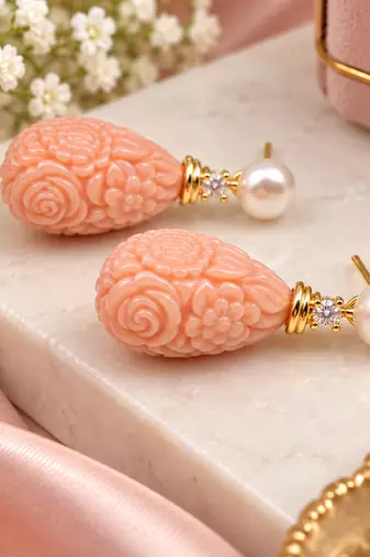 Certified natural freshwater pearls jewellery pearl & carved coral drop earrings with cz, 25x12 mm