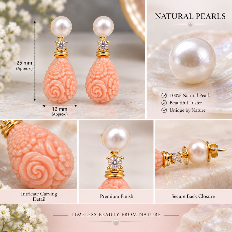 Certified natural freshwater pearls jewellery pearl & carved coral drop earrings with cz, 25x12 mm