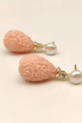 Certified natural freshwater pearls jewellery pearl & carved coral drop earrings with cz, 25x12 mm
