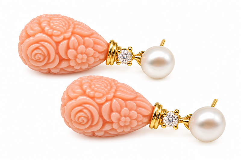 Certified natural freshwater pearls jewellery pearl & carved coral drop earrings with cz, 25x12 mm