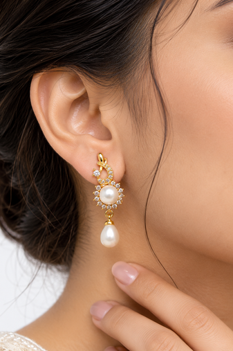 Certified natural freshwater pearls jewellery natural pearl drop earrings with cubic zirconia, gold tone