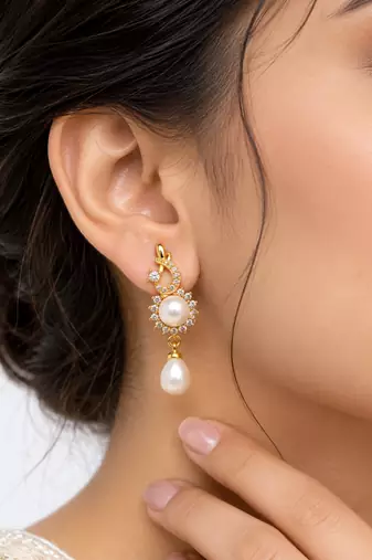 Certified natural freshwater pearls jewellery natural pearl drop earrings with cubic zirconia, gold tone