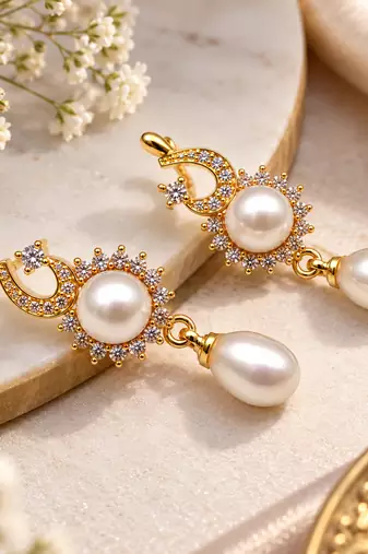 Certified natural freshwater pearls jewellery natural pearl drop earrings with cubic zirconia, gold tone