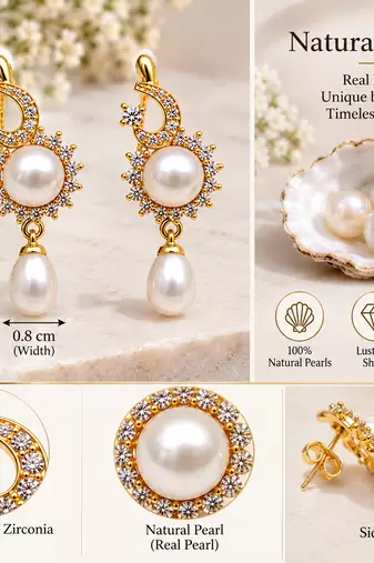 Certified natural freshwater pearls jewellery natural pearl drop earrings with cubic zirconia, gold tone