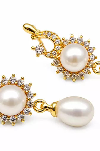 Certified natural freshwater pearls jewellery natural pearl drop earrings with cubic zirconia, gold tone