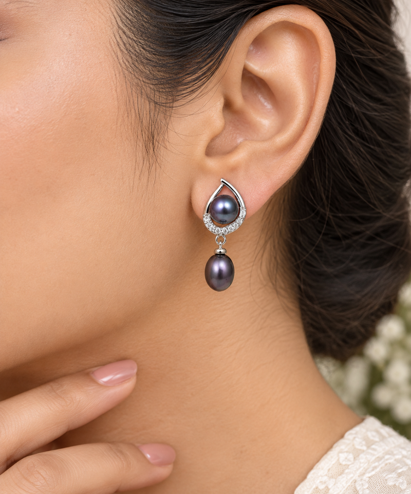 Certified natural freshwater pearls jewellery natural pearls black freshwater pearl drop earrings, 22x10 mm