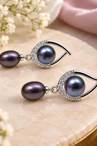 Certified natural freshwater pearls jewellery natural pearls black freshwater pearl drop earrings, 22x10 mm