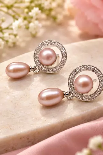 Certified natural freshwater pearls jewellery pink freshwater pearl drop earrings with cz halo circle
