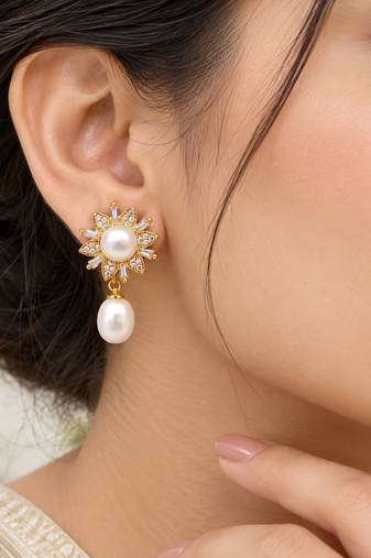 Certified natural freshwater pearls jewellery pearl drop earrings with cz floral stud, gold tone