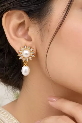 Certified natural freshwater pearls jewellery pearl drop earrings with cz floral stud, gold tone