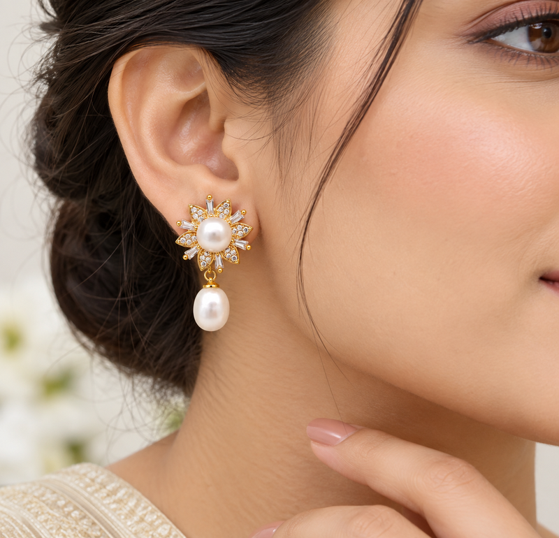 Certified natural freshwater pearls jewellery pearl drop earrings with cz floral stud, gold tone